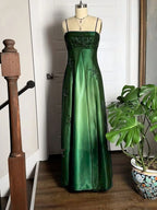 Dark Green Straps A-Line Tulle Prom Dresses Green Satin Beaded Lace Prom Dresses