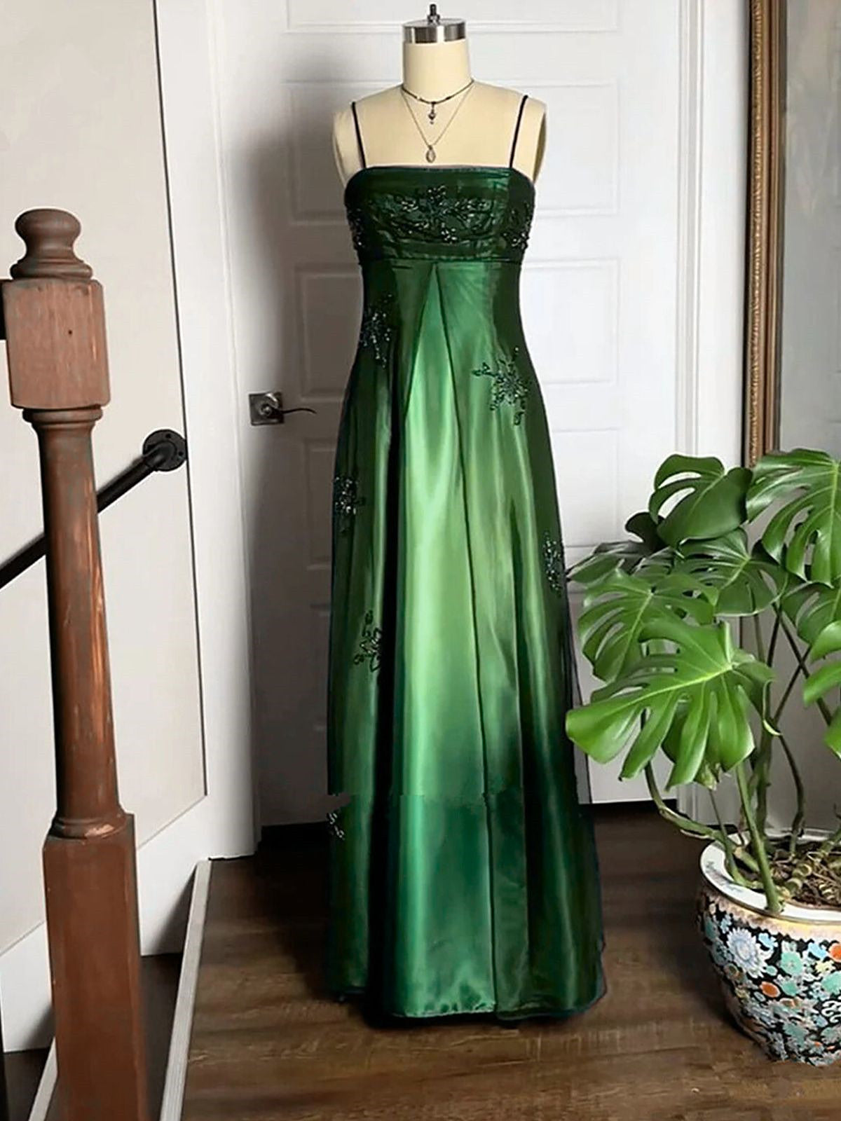 Dark Green Straps A-Line Tulle Prom Dresses Green Satin Beaded Lace Prom Dresses