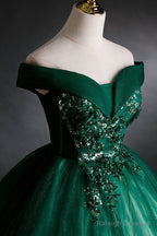 Dark Green Sweetheart Off Shoulder Long Party Dress With Lace Applique, Green Prom Dress
