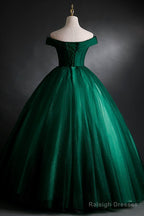 Dark Green Sweetheart Off Shoulder Long Party Dress With Lace Applique, Green Prom Dress