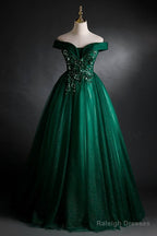Dark Green Sweetheart Off Shoulder Long Prom Dresses With Lace Applique Green Prom Dresses
