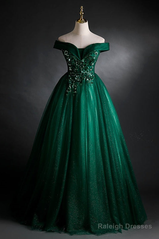 Dark Green Sweetheart Off Shoulder Long Prom Dresses With Lace Applique Green Prom Dresses