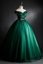 Dark Green Sweetheart Off Shoulder Long Party Dress With Lace Applique, Green Prom Dress