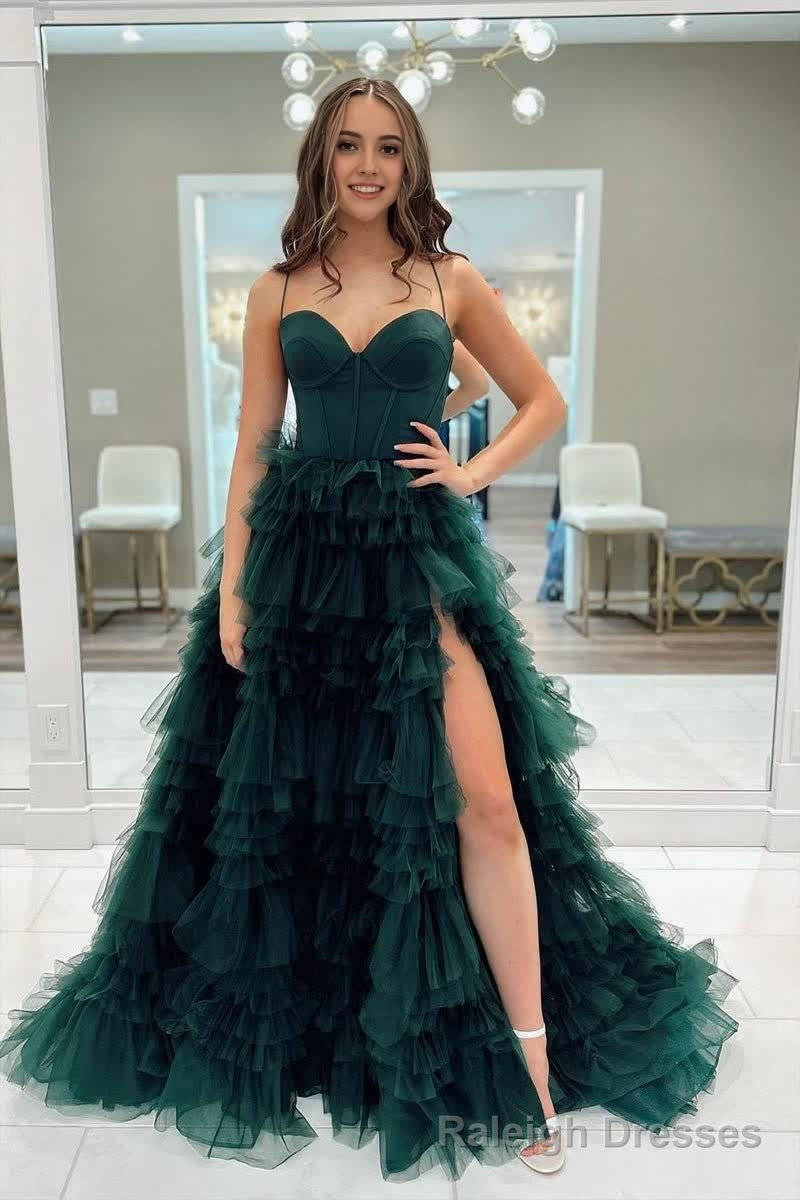 Dark Green Sweetheart Ruffle Tiered Tulle Long Prom Dresses with Slit Main image