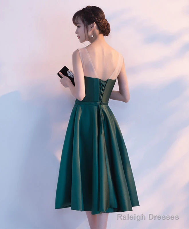 Dark Green Tea Length Satin Bridesmaid Dress, Floral Party Dress Secondary image