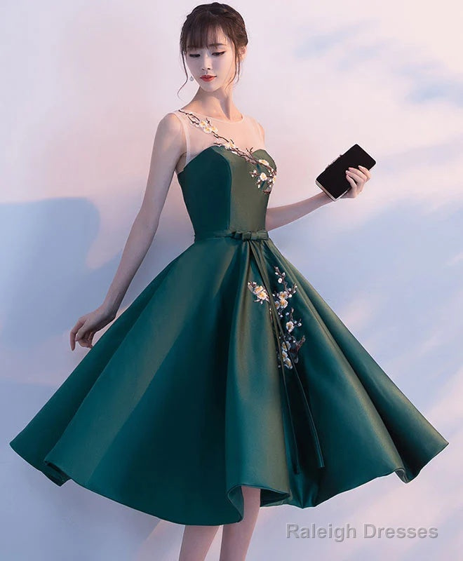 Dark Green Tea Length Satin Bridesmaid Dress, Floral Party Dress
