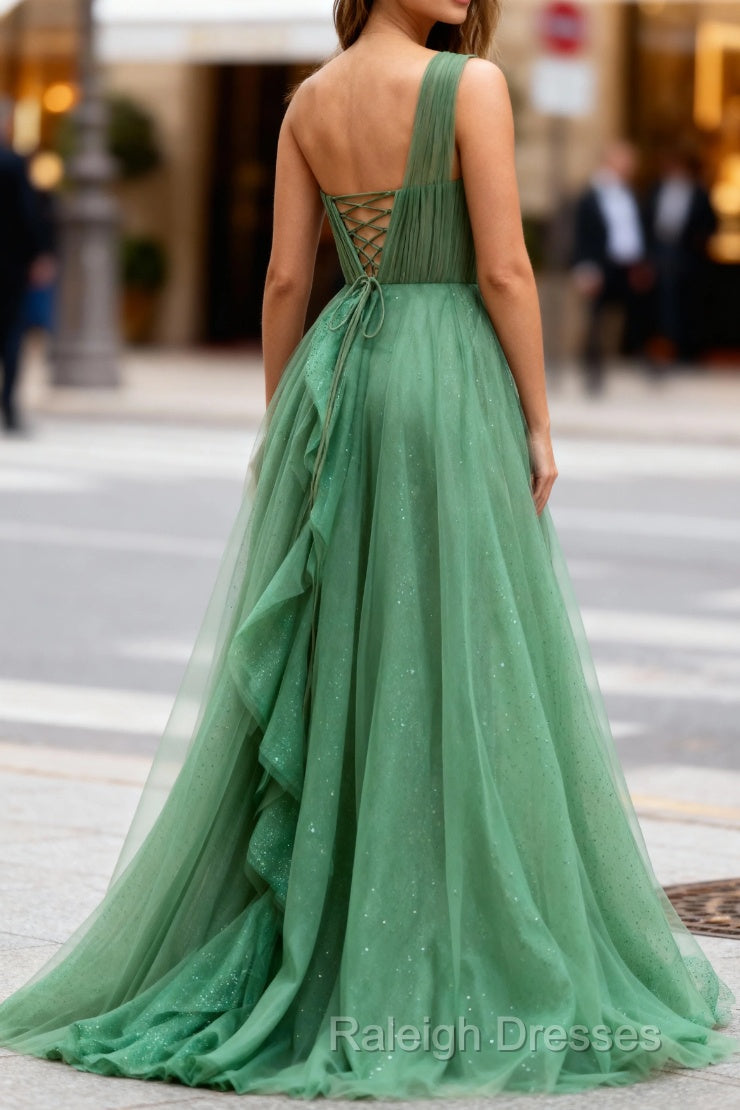Dark Green Tulle A-Line One-Shoulder Long Prom Dresses Secondary image