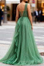Dark Green Tulle A-Line One-Shoulder Long Prom Dresses