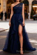 Dark Green Tulle A-Line One-Shoulder Long Prom Dresses