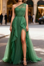 Dark Green Tulle A-Line One-Shoulder Long Prom Dresses