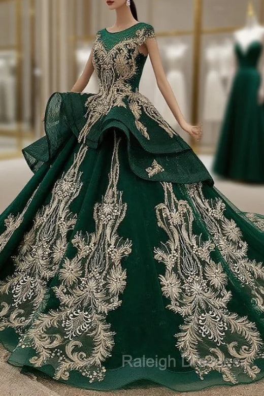 Dark Green Tulle Appliques Beading Cap Sleeve Backless Wedding Dress