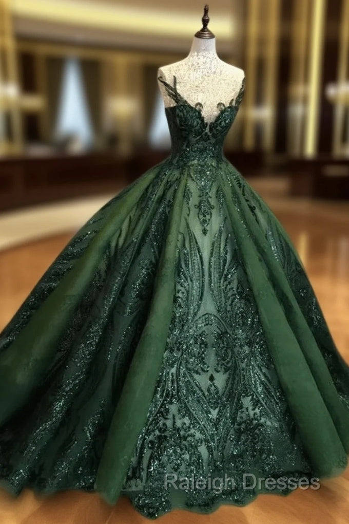 Dark Green Tulle Ball Gowns Formal Dress Shiny Tulle Lace Sweet 16 Dresses prom dresses shops Main image