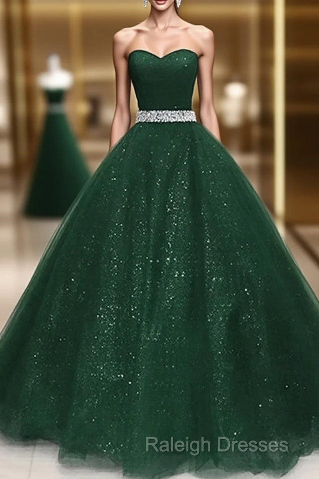 Dark Green Tulle Beaded Long Party Dress, Green Ball Gown Evening Gown Main image
