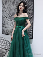 Dark Green Tulle Beaded Off Shoulder Long Party Dresses, A-Line Long Evening Dresses
