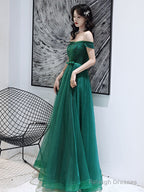 Dark Green Tulle Beaded Off Shoulder Long Party Dresses, A-Line Long Evening Dresses