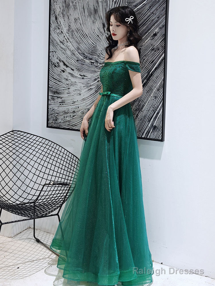 Dark Green Tulle Beaded Off Shoulder Long Party Dresses, A-Line Long Evening Dresses