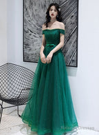 Dark Green Tulle Beaded Off Shoulder Long Party Dresses, A-Line Long Evening Dresses