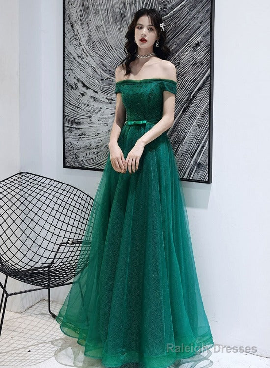 Dark Green Tulle Beaded Off Shoulder Long Party Dresses, A-Line Long Evening Dresses