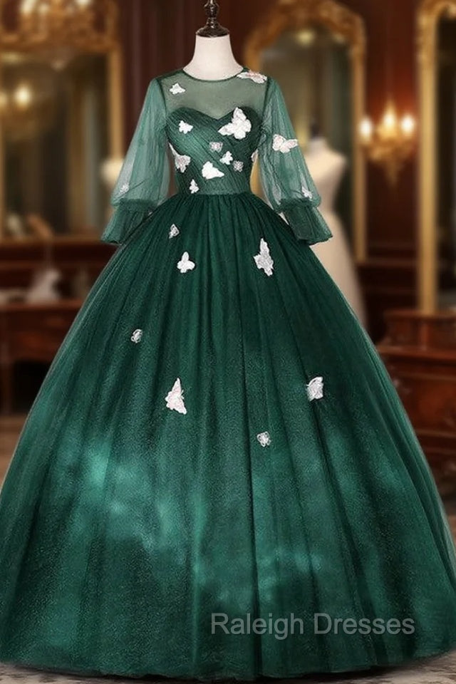 Dark Green Tulle Butterfly Appliques Bell Sleeve Quinceanera Dress