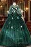 Dark Green Tulle Butterfly Appliques Bell Sleeve Quinceanera Dress