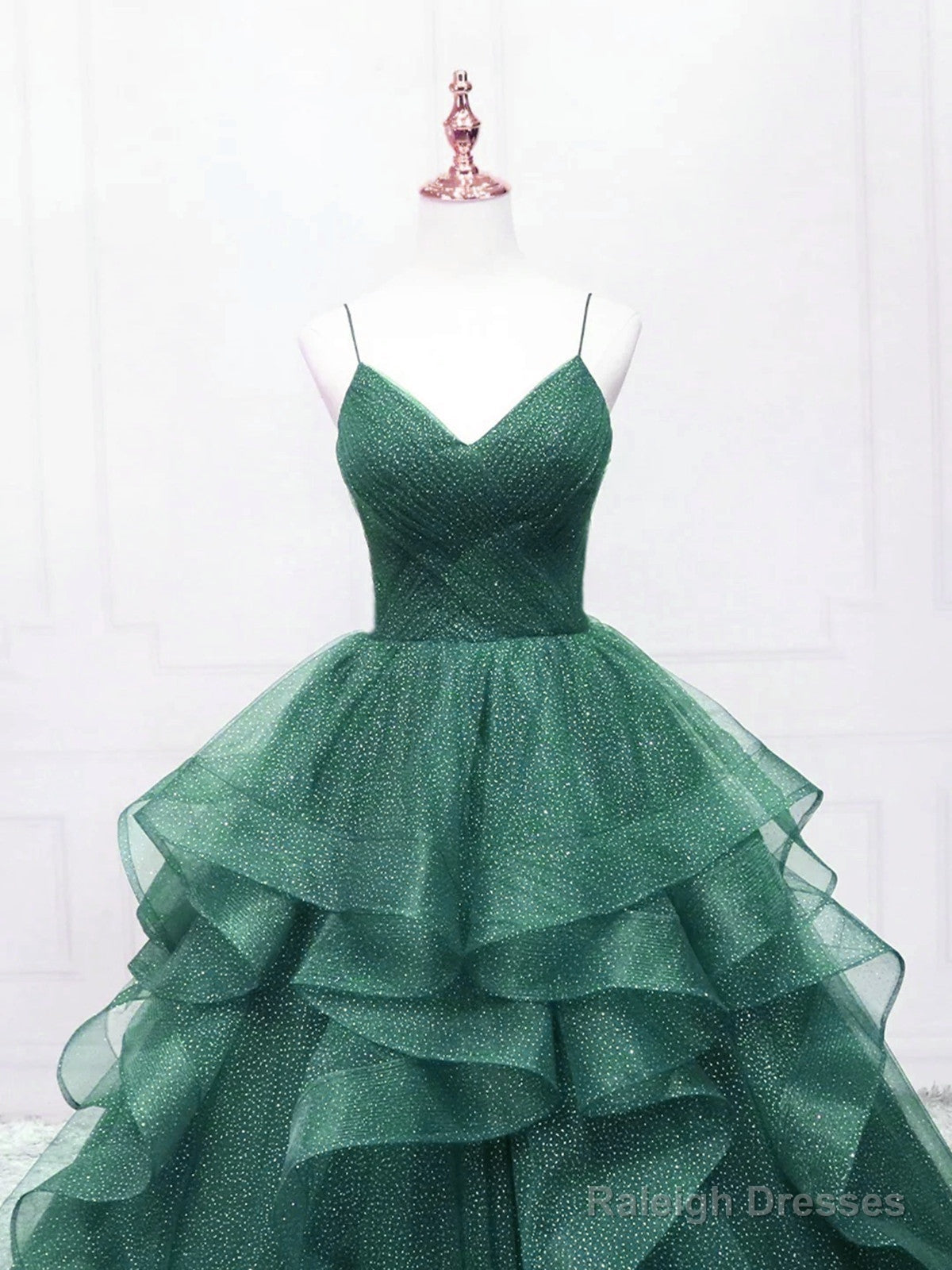 Dark Green Tulle Layers Straps V-Neckline Prom Dress, Dark Green Tulle Evening Dress Secondary image