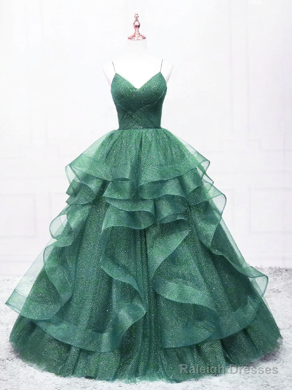 Dark Green Tulle Layers Straps V-Neckline Prom Dress, Dark Green Tulle Evening Dress Main image