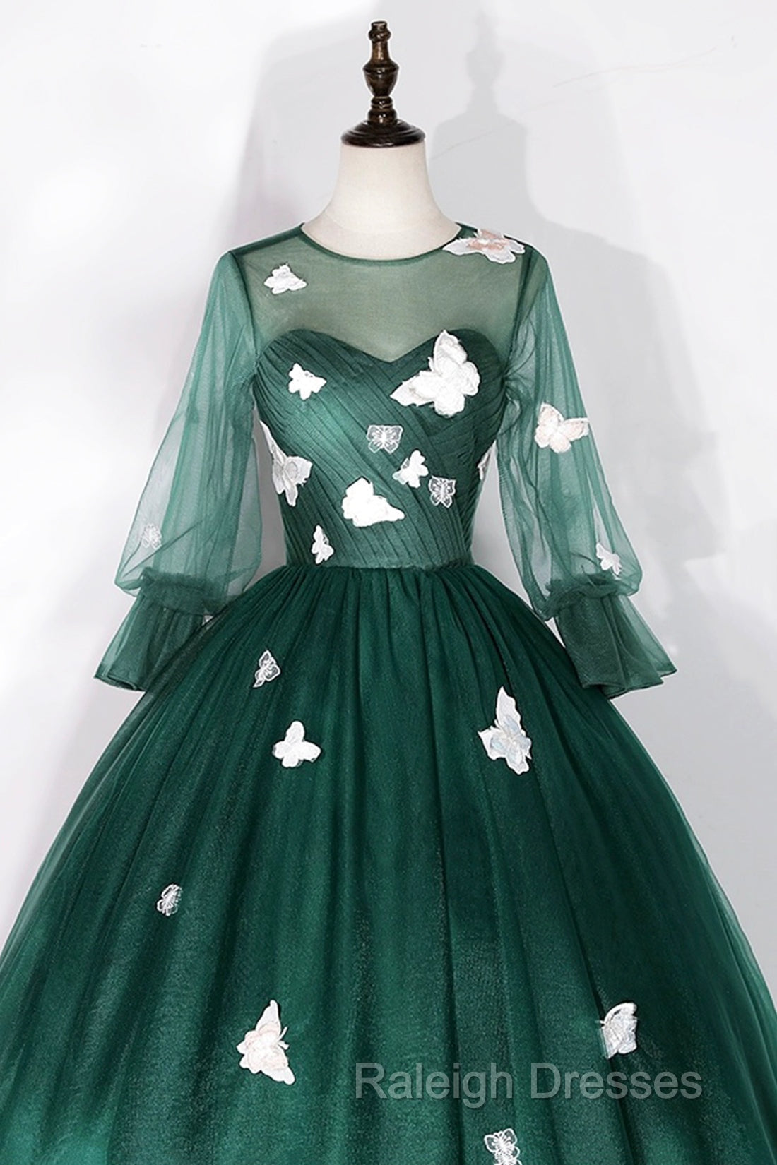 Dark Green Tulle Long Prom Dress, A-Line Long Sleeve Evening Party Dress With Butterfly Appliques