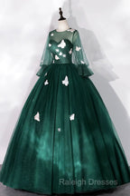 Dark Green Tulle Long Prom Dress, A-Line Long Sleeve Evening Party Dress With Butterfly Appliques