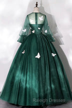 Dark Green Tulle Long Prom Dress, A-Line Long Sleeve Evening Party Dress With Butterfly Appliques