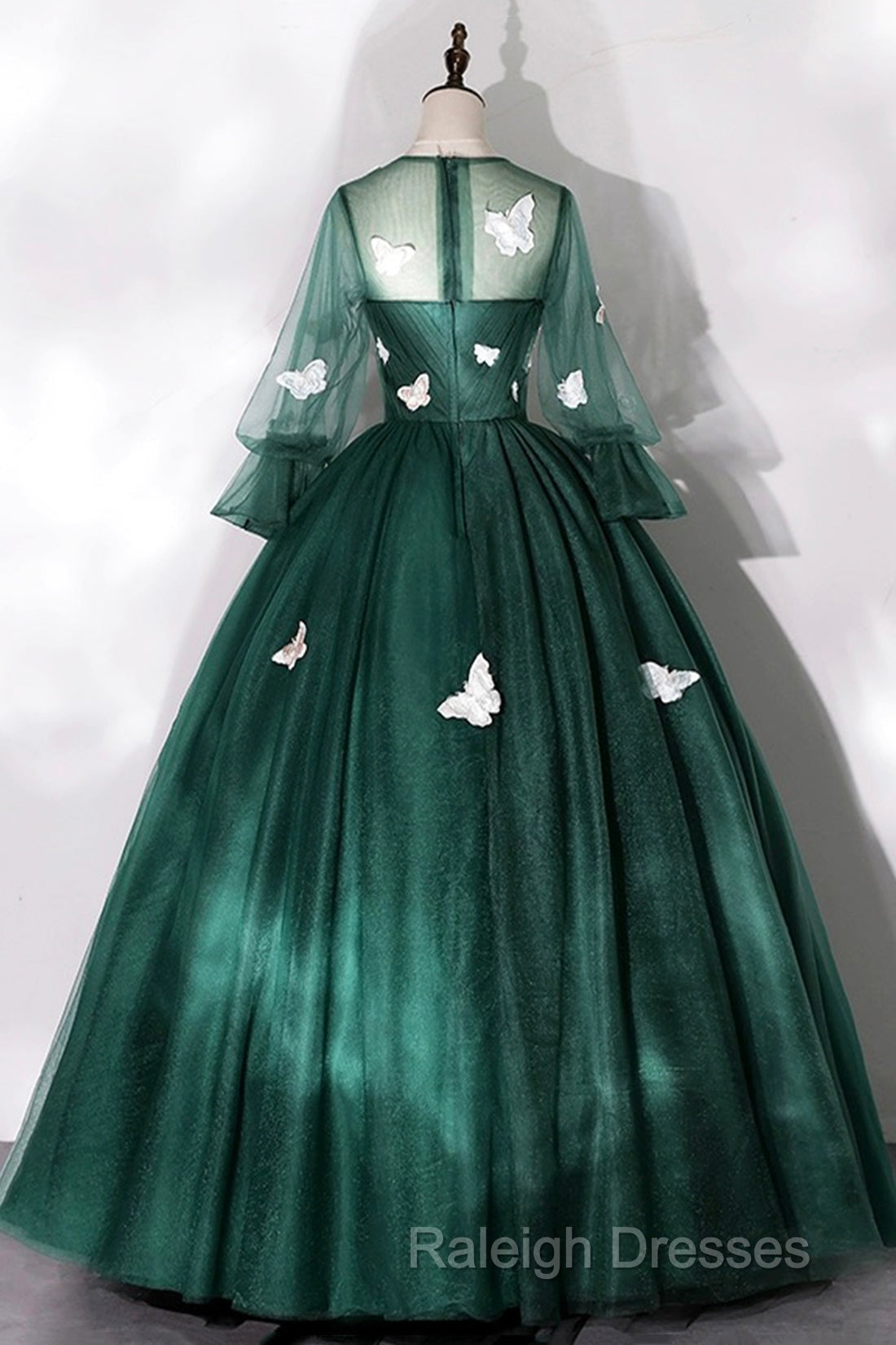 Dark Green Tulle Long Prom Dress, A-Line Long Sleeve Evening Party Dress With Butterfly Appliques