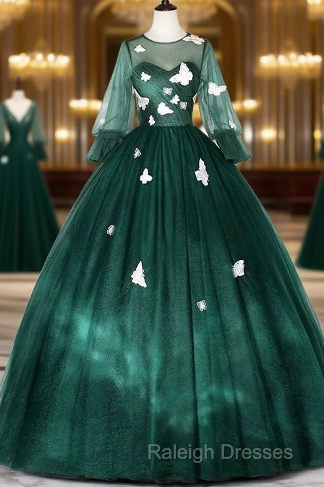 Dark Green Tulle Long Prom Dress, A-Line Long Sleeve Evening Party Dress With Butterfly Appliques Main image