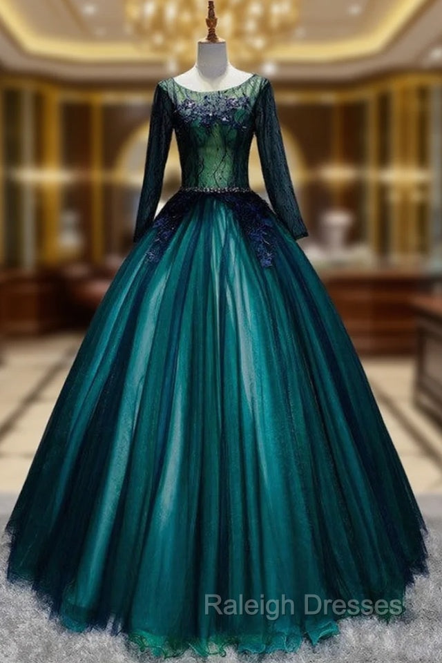 Dark Green Tulle Long Sleeve Appliques Quinceanera Dress