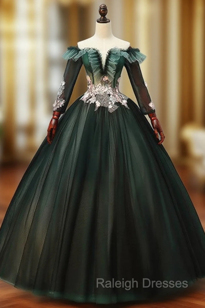 Dark Green Tulle Long Sleeve Off the Shoulder Appliques Quinceanera Dress Main image