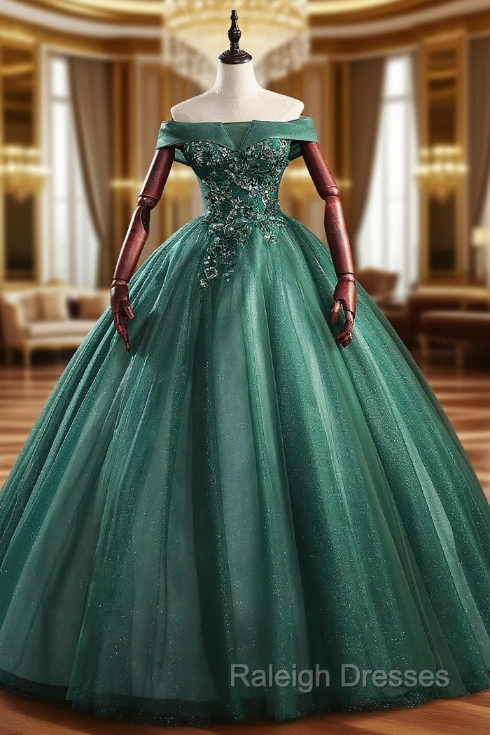 Dark Green Tulle Off the Shoulder Appliques Quinceanera Dress Main image