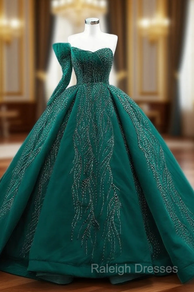 Dark Green Tulle One Shoulder Beading Prom Dress Main image