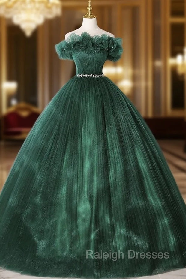 Dark Green Tulle Pleats Crystal Quinceanera Dress Main image