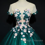Dark Green Tulle Round Neckline Ball Gown Formal Dress, Quinceanera Dress