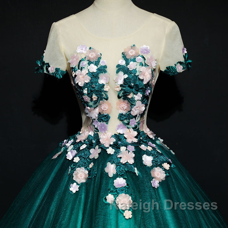 Dark Green Tulle Round Neckline Ball Gown Formal Dress, Quinceanera Dress