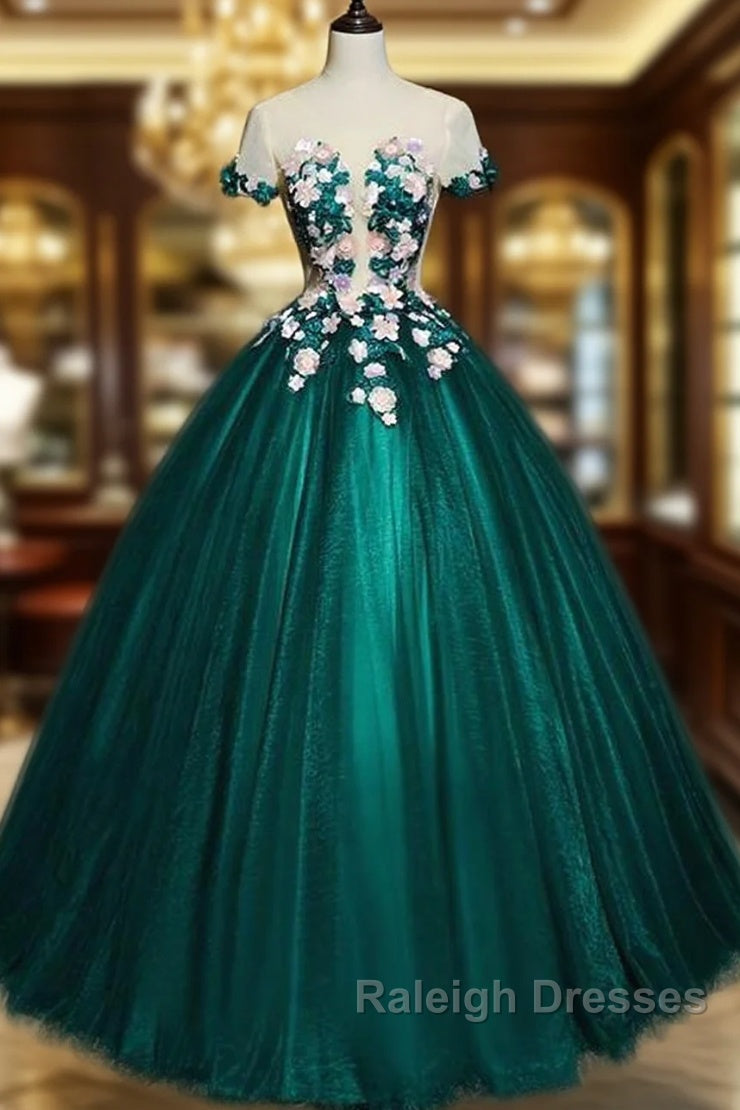 Dark Green Tulle Round Neckline Ball Gown Formal Dress, Quinceanera Dress Main image