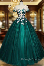 Dark Green Tulle Round Neckline Ball Gown Formal Dress, Quinceanera Dress