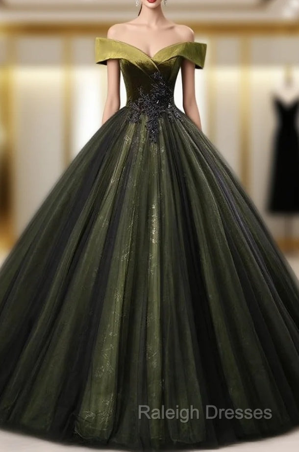 Dark Green Tulle Sequins Off the Shoulder Appliques Quinceanera Dress