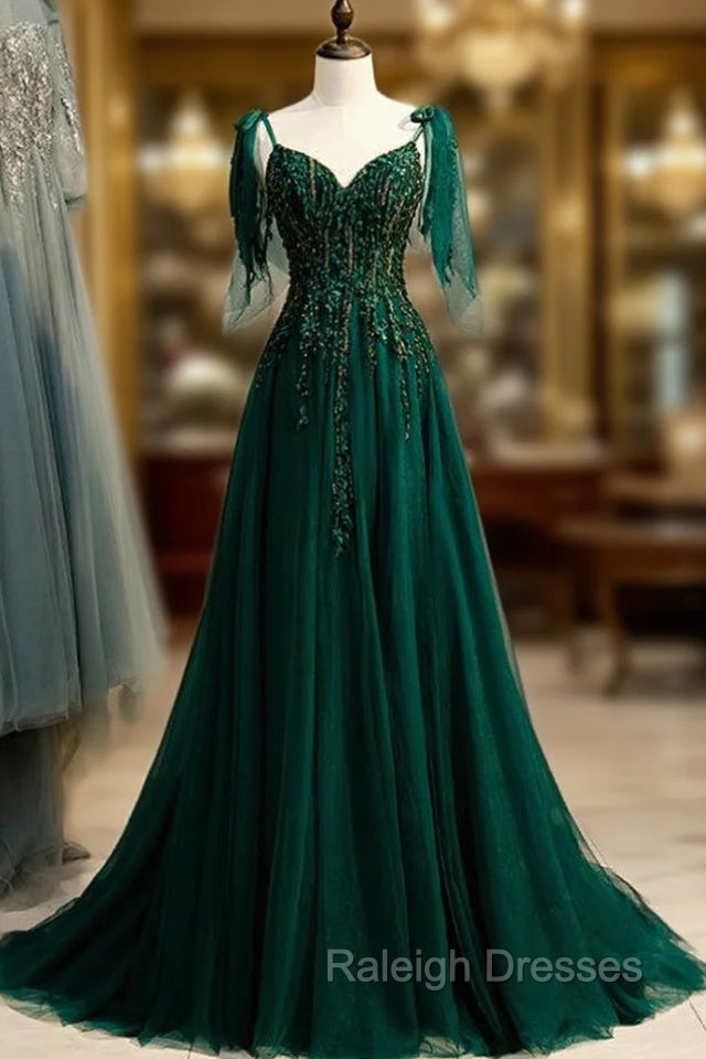 Dark Green Tulle Spaghetti Straps Beading Prom Dress