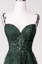 Dark Green Tulle With Lace Beaded Straps Prom Dresses Green Long Prom Dresses Prom Dresses