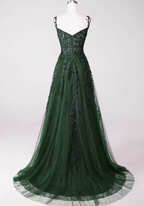 Dark Green Tulle With Lace Beaded Straps Prom Dresses Green Long Prom Dresses Prom Dresses