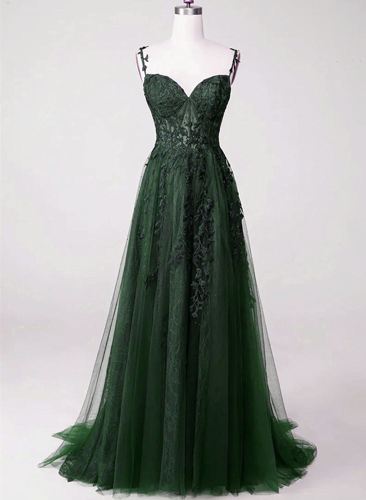 Dark Green Tulle With Lace Beaded Straps Prom Dresses Green Long Prom Dresses Prom Dresses Main image