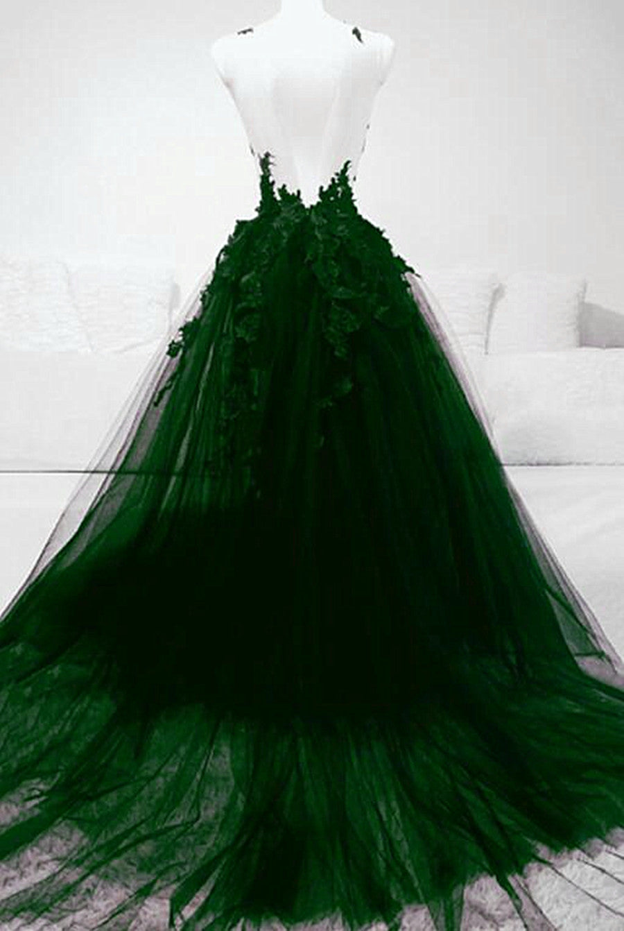 Dark Green Tulle With Lace Deep Neckline Backless Prom Dresses Dark Green Prom Dresses Secondary image