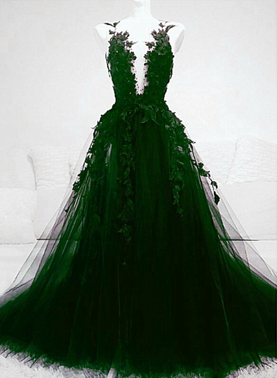 Dark Green Tulle With Lace Deep Neckline Backless Prom Dresses Dark Green Prom Dresses