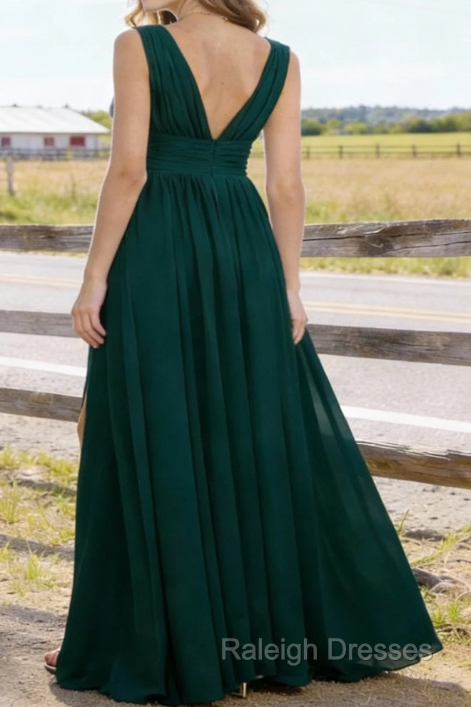 Dark Green V Neck Chiffon Floor Length Bridesmaid Dress Long Bridesmaid Dresses With Pleated Split Secondary image