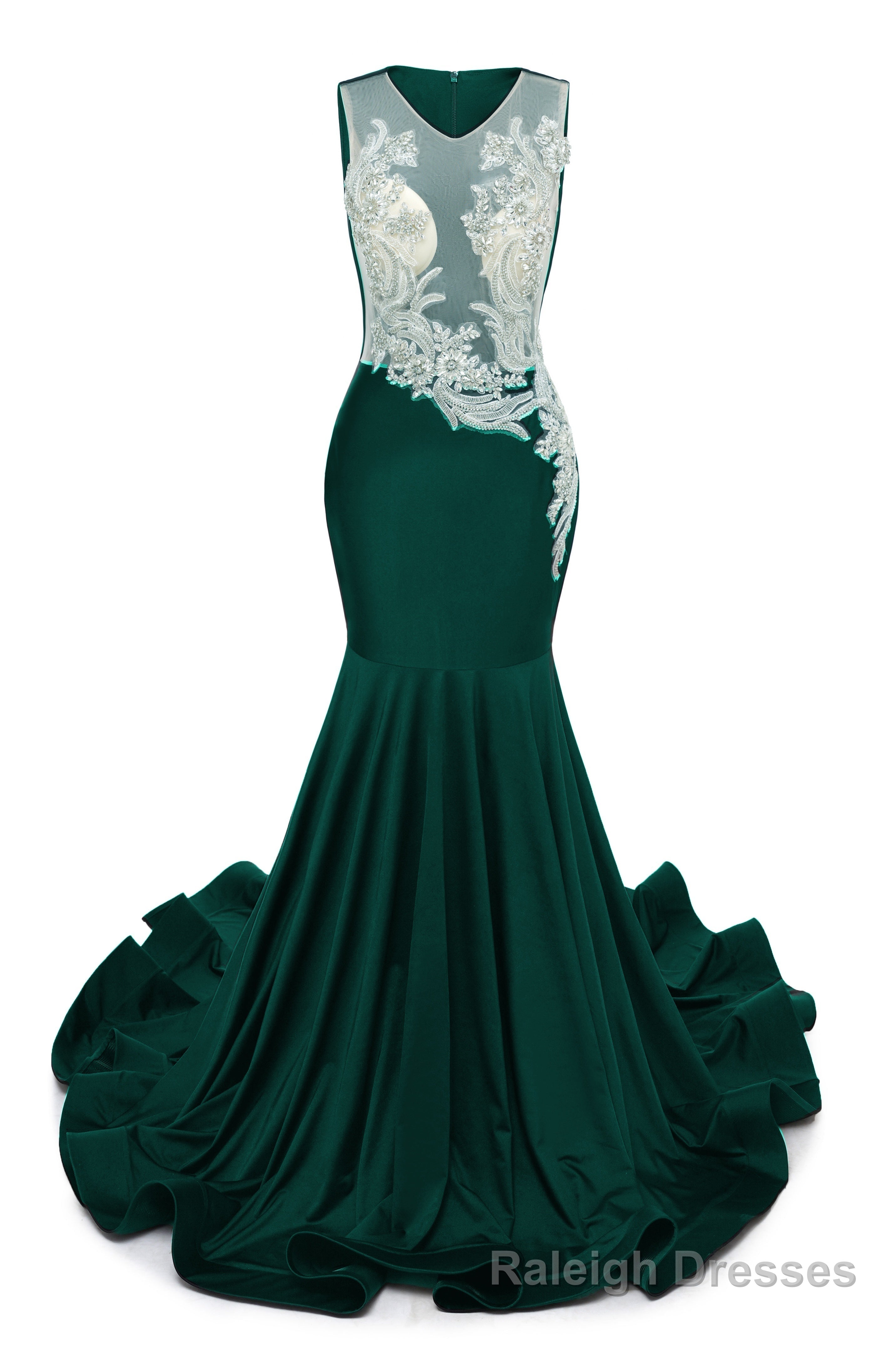Dark Green V-Neck Sheer Corset Prom Dresses Beaded Mermaid Long Train Evening Gowns