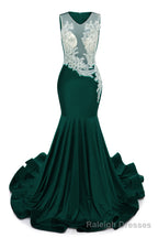 Dark Green V-Neck Sheer Corset Prom Dresses Beaded Mermaid Long Train Evening Gowns